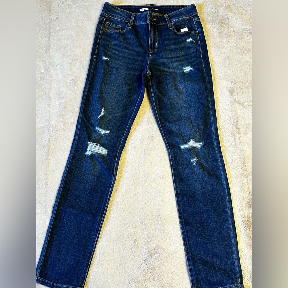 Old Navy Dark Wash Power Straight Distressed Jeans size 2 NWT